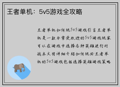 王者单机：5v5游戏全攻略