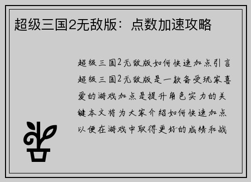 超级三国2无敌版：点数加速攻略